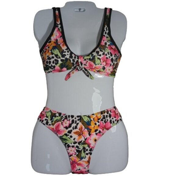 URCHICS Floral Leopard print 2 Piece Swimsuit Faux Ties Size M - Picture 2 of 9
